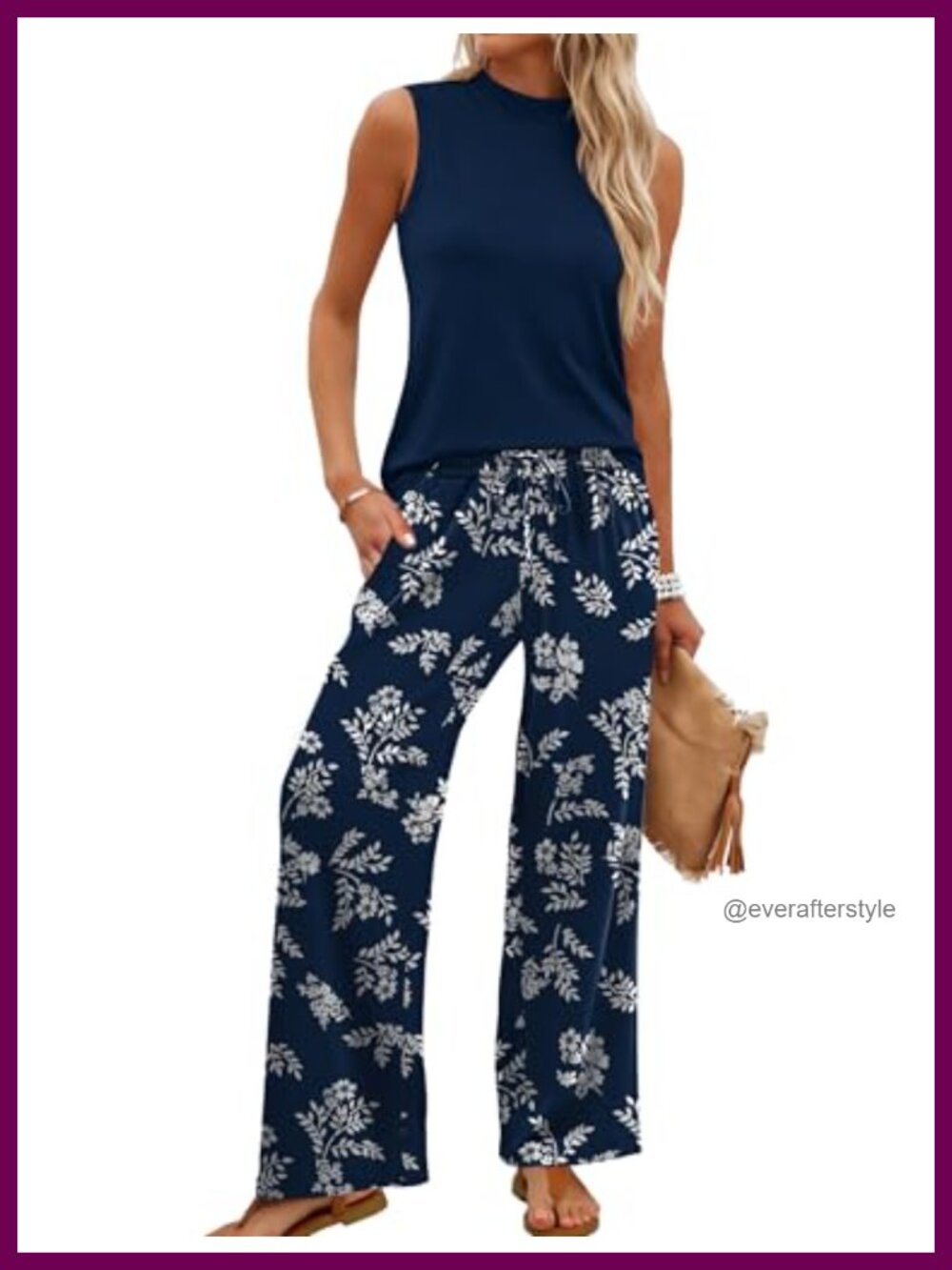 Womens Two Piece Set Mock Neck Sleeveless Top Wide Leg Pants Summer Travel